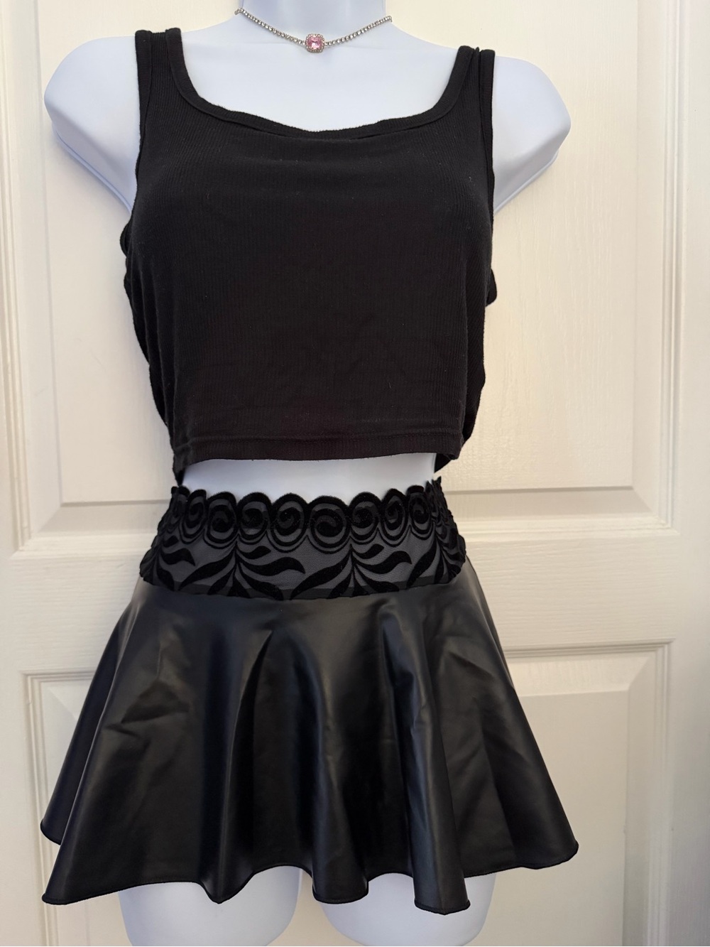 Black Faux Leather Circle Skirt with Decorative Waistband
